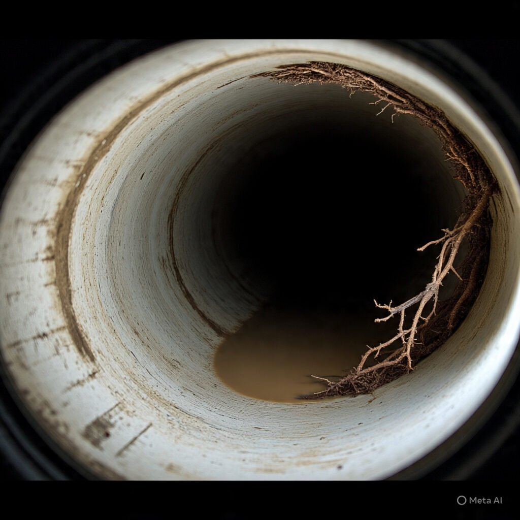 A CCTV drain survey image showing tree roots, a problem Nobel Build & Repairs can solve.