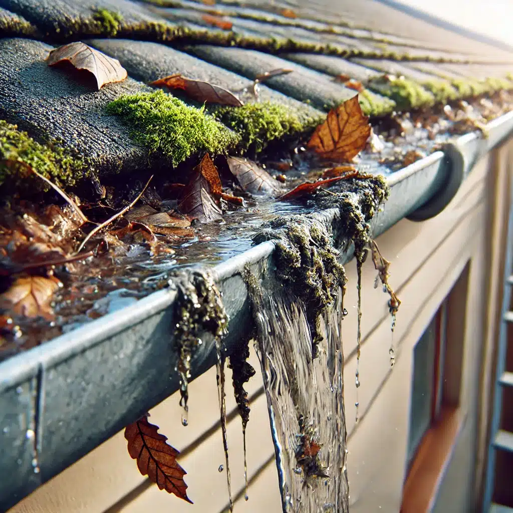 A diagram showing how blocked gutters can cause expensive water damage to a property.