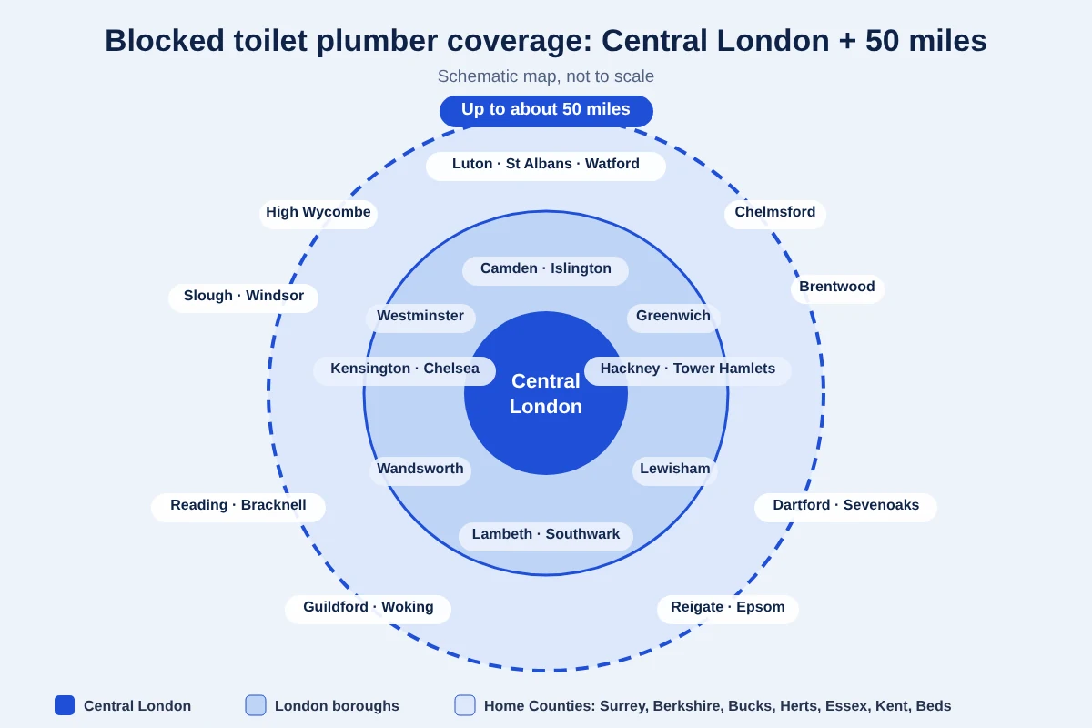 Map showing blocked toilet plumber coverage from Central London to the Home Counties within 50 miles