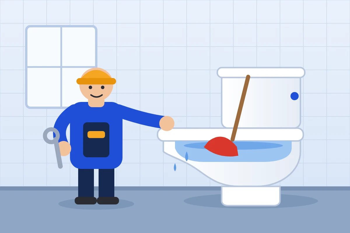 Plumber with a wrench beside a blocked toilet with a plunger in the bowl