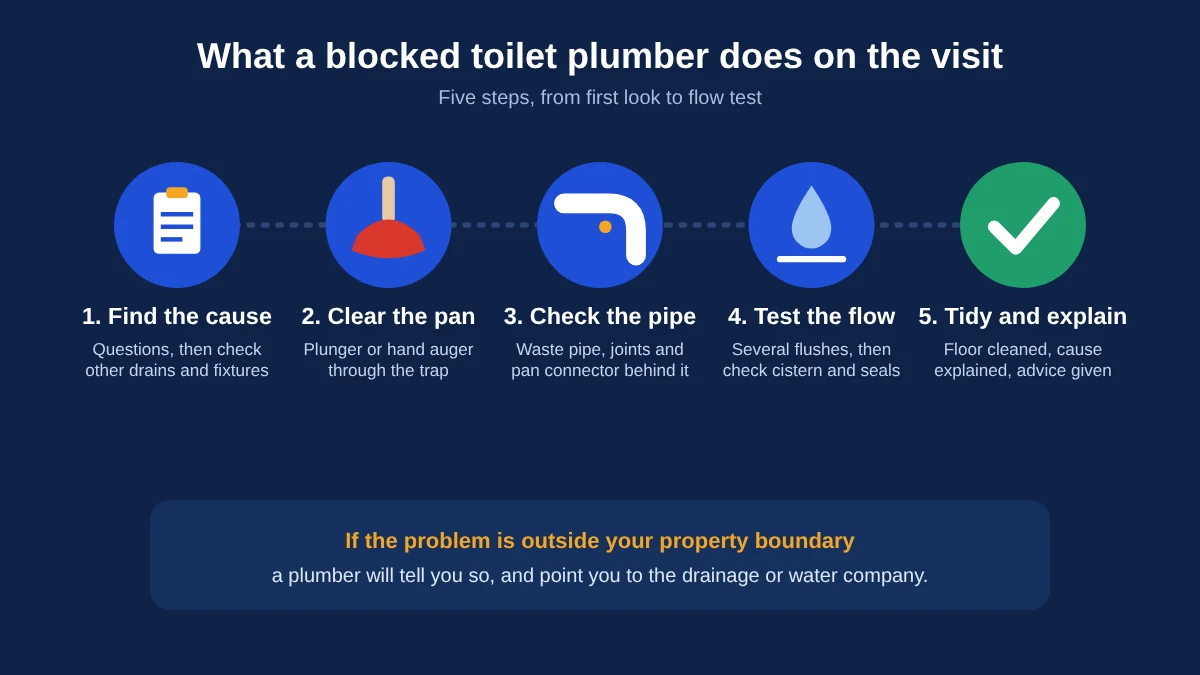 Five steps a blocked toilet plumber follows: find the cause, clear the pan, check the pipe, test the flow, tidy up