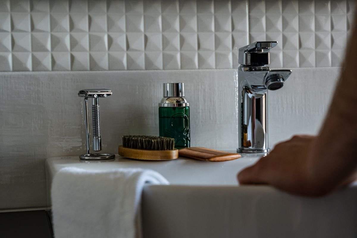 Chrome basin tap on a bathroom sink